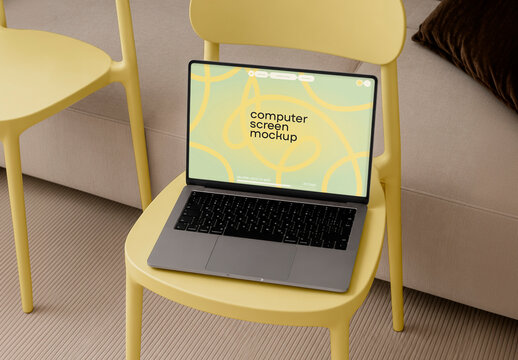 Open Laptop Screen on Chair Mockup