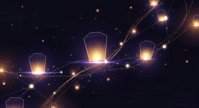 Floating Lanterns in Starry Sky &ndash; Magical Night Festival Background for Celebration Design