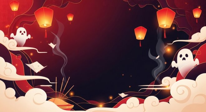 Ghost Festival Night with Lanterns and Spirits &ndash; Cultural Celebration Poster Illustration