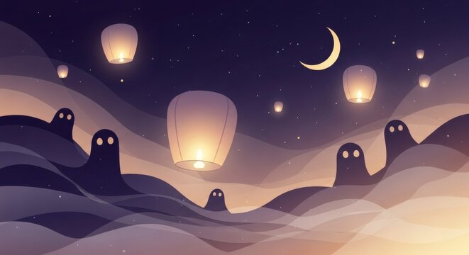 Moonlit Ghost Festival Landscape &ndash; Mystical Night Illustration for Cultural Celebration Poster