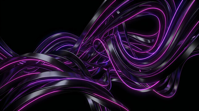 Abstract dark background with flowing metallic curves and glowing purple neon light lines