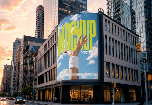 Urban Building with Vertical Billboard Poster Mockup
