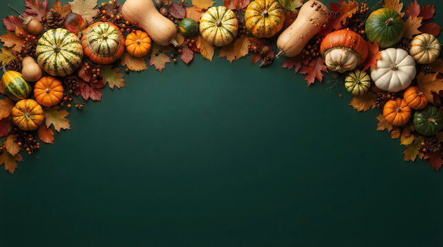 Assorted pumpkins and autumn leaves forming a frame on a dark green background