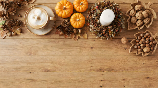 Autumn harvest decorations with small pumpkins and nuts on a rustic wooden table background