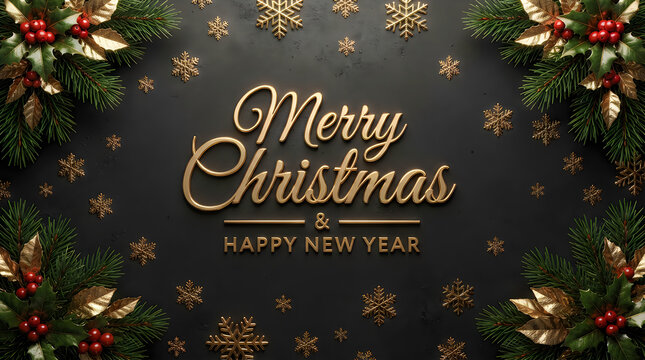 Merry christmas and happy new year greeting card with holly leaves and golden snowflakes