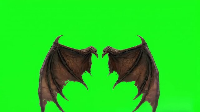 Demonic wings flapping against green screen background. Fantasy creature animation for visual effects production.