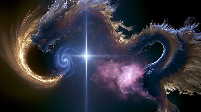 Prompt: The ultimate masterclass fine-art double exposure masterwork celebrating the complete sovereign integration of ancient mythical beast iconography, deep space architecture, and the infinite 
