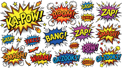 Pop Art Comic Book Sound Effects Vector Set with KaPow, Boom, Bang, and Zap Speech Bubbles for Retro Graphic Designs and Animations © Mark Donal!