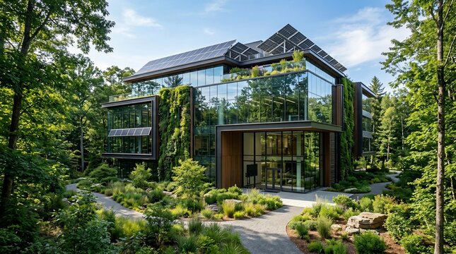 Modern glass building with solar panels surrounded by lush green trees