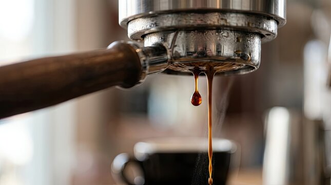 Espresso being brewed, dripping from coffee machine into cup, close-up, steam rising