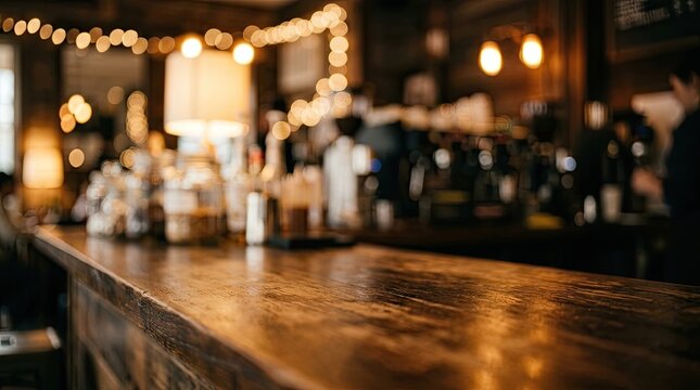 Empty wooden table top with a blurred bar or cafe background for product display.
