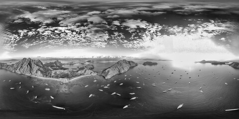 Obraz premium 360 degrees aerial panorama of Padar Island Komodo National Park at sunrise in black and white