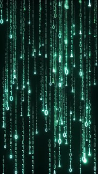 Glowing binary code rain background. Digital data stream falling in a virtual cyberspace.