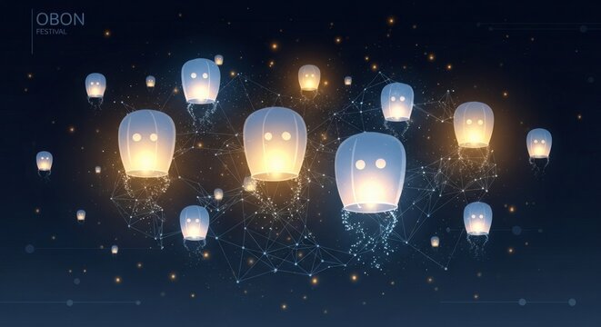 Floating Sky Lanterns at Night &ndash; Magical Obon Festival Celebration Background
