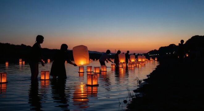 Floating Lanterns on River at Sunset &ndash; Obon Festival Water Lantern Ceremony Background