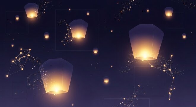Floating Lanterns in Constellation Night Sky &ndash; Magical Festival Background for Celebration Design