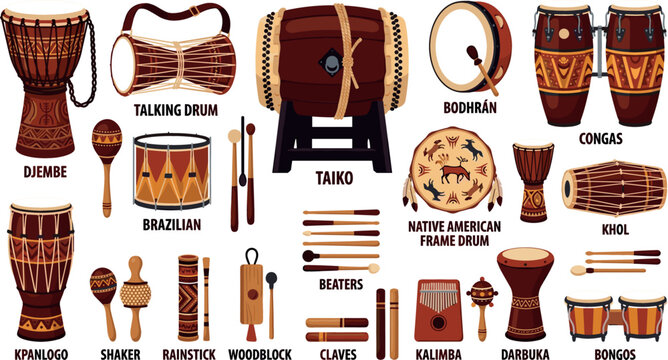 Traditional Ethnic Drums and Percussion Instruments Icon Set Featuring World Music Elements for Educational Media, Folk Culture Designs, and Graphic Illustrations