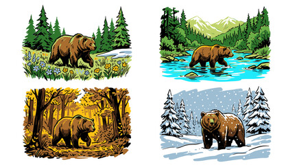 Fototapeta premium Set of four majestic grizzly bear illustrations in spring, summer, autumn, and winter landscapes, vintage graphic style for apparel and nature posters