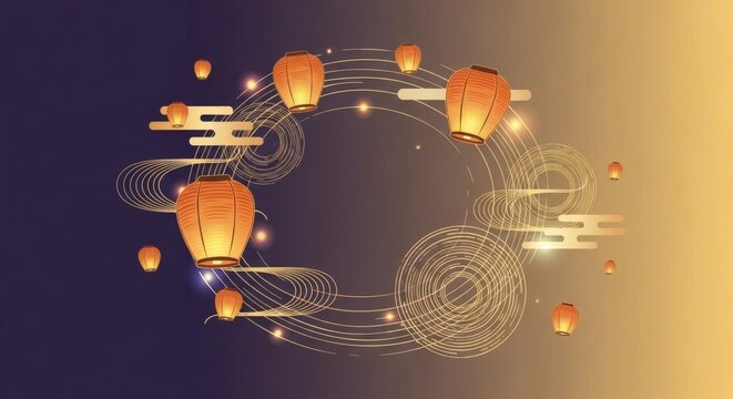 Golden Lantern Circle Frame &ndash; Elegant Obon Festival Decorative Background for Event Invitation Design