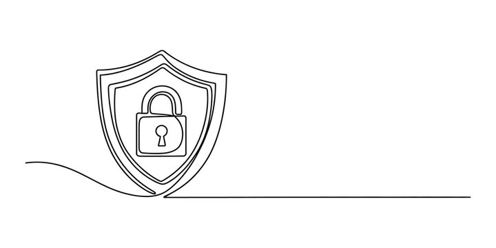 Continuous single line drawing of a shield and a padlock symbol
