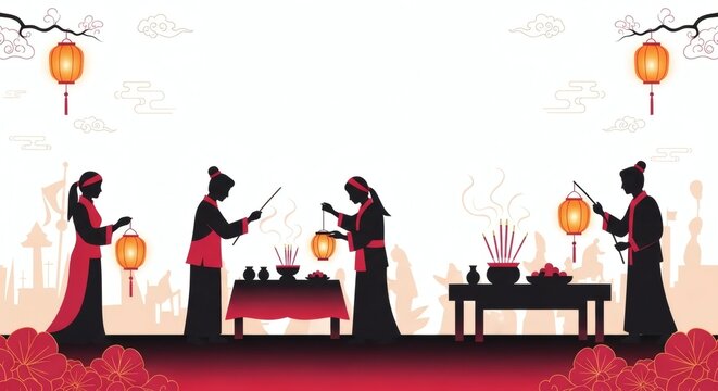 Ghost Festival Ritual Ceremony Scene &ndash; Traditional Ancestor Worship Illustration for Cultural Poster Design