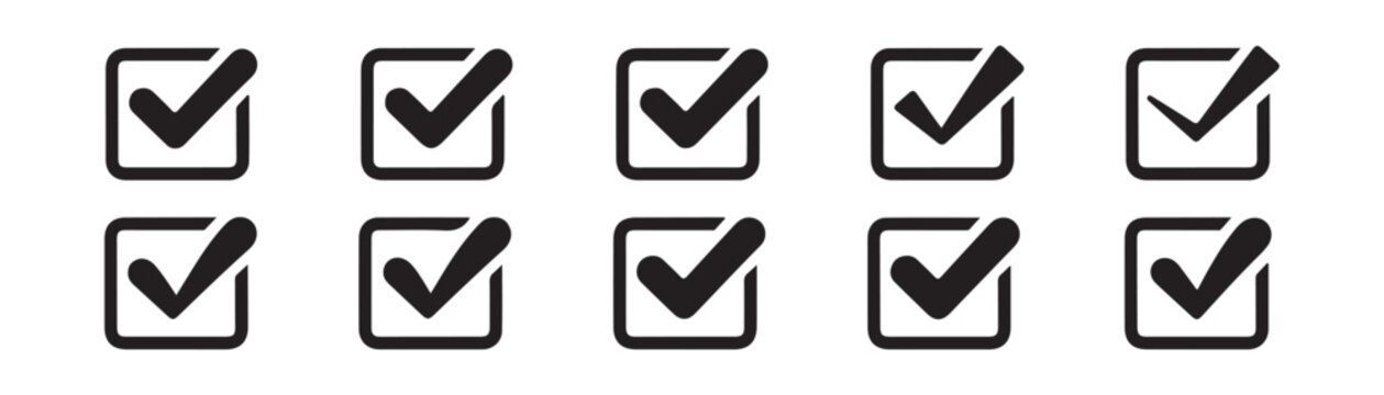 Ten black check mark icons inside square frames for confirmation or task completion approval graphic design.