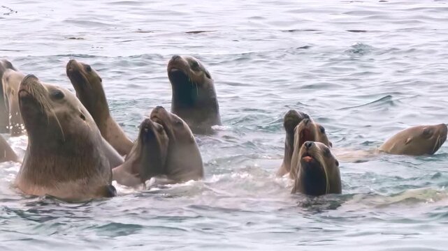 In the chilly embrace of the Arctic, a lively colony of sea lions and seals gather, showcasing their playful cubs. Watch as they dive, swim, and interact in this beautiful, icy environment.