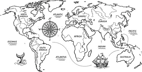 Vintage Hand Drawn World Map Vector Design Featuring Antique Compass Rose, Old Sailing Ship, Whale Tail, and Continent Labels for Retro Travel Concepts © Mark Donal!
