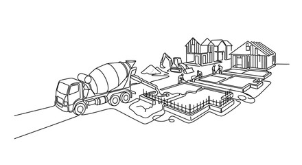 Obraz premium Continuous line drawing of a construction site with a concrete mixer truck and houses.