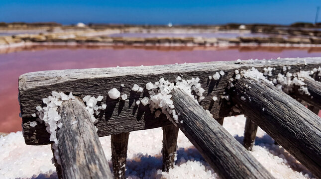 Close up of an Old Wooden Rake Used for Harvesting Sea Salt Crystals in Mediterranean Saline Flats