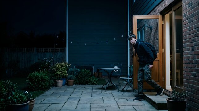 Teenage boy stepping out of a house back door into a garden at night
