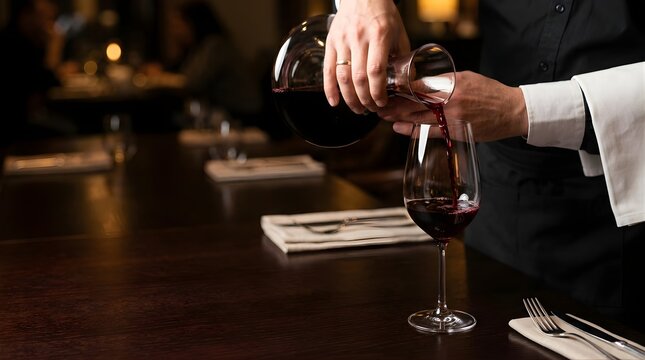 Waiter pours red wine from glass decanter into crystal wine glass at table