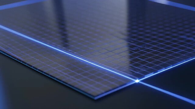 Silicon wafer with glowing blue light. Semiconductor chip manufacturing and microchip tech.