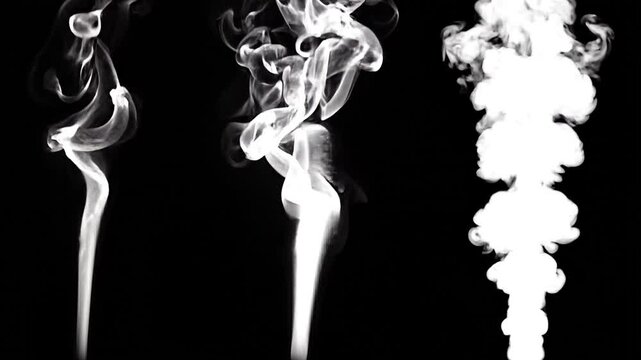 Three different types of white smoke plumes isolated on a black background