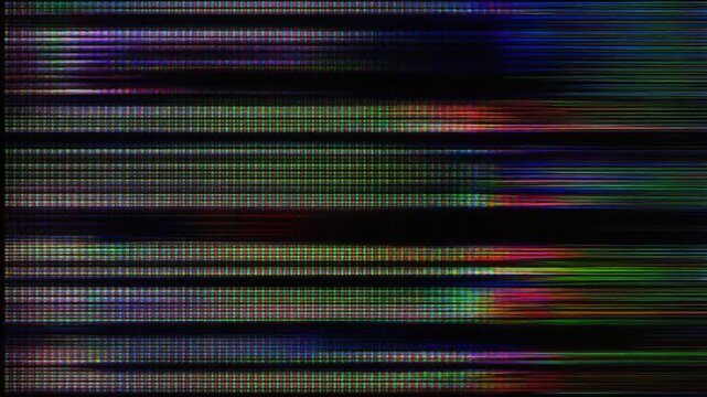 A digital screen displays horizontal lines of colorful chromatic aberration and noise.