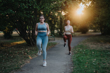 Obraz premium Two women perform high-knee cardio exercises on a park path, wearing active wear. They train together outdoors at golden hour in a leafy park setting.