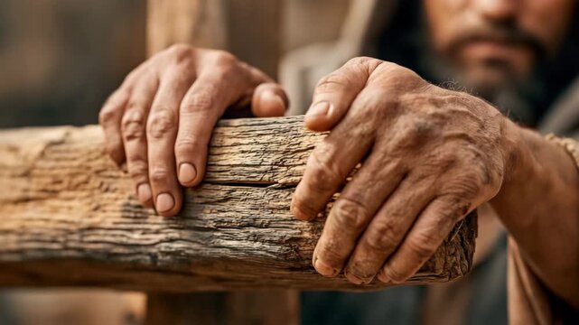 Simon of Cyrene and Jesus Hands Gripping Wooden Cross Beam