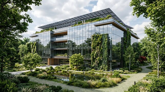 Modern sustainable office building with green architecture and solar panels