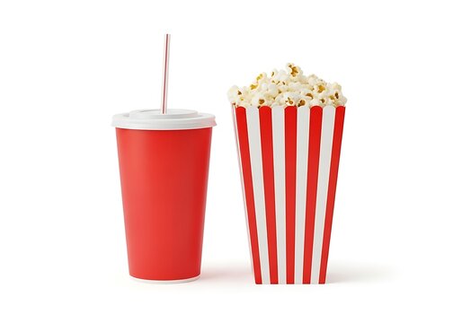 Red drink with popcorn on a white background