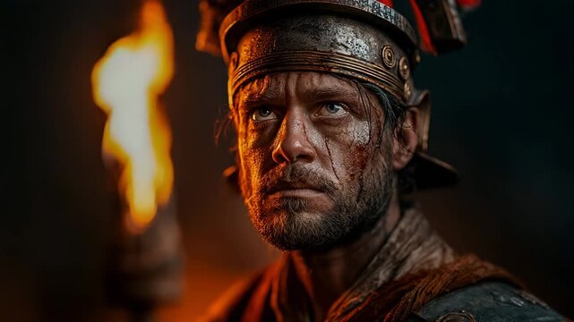 Roman Soldier Mocks Jesus by Torchlight at Cross