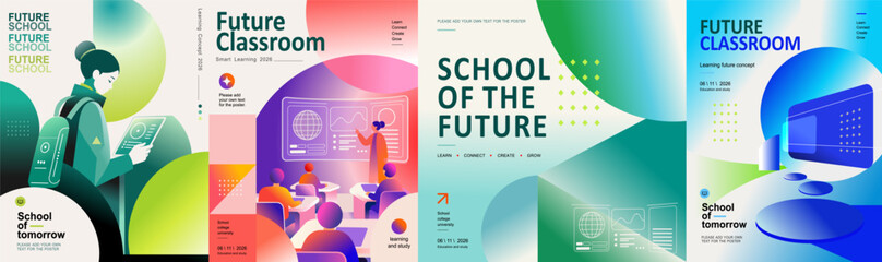 Naklejka na ściany i meble Education and school of the future. Vector modern abstract gradient illustration of a futuristic smart school classroom, a student, an auditorium with students and a teacher with a digital screen