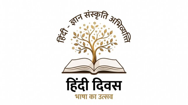 Hindi diwas celebration with opened book and tree graphic language literacy education knowledge learning