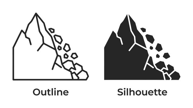 Landslide Icon: A stylized representation of a mountain with a section breaking away, illustrating a landslide. Shown in both outline and silhouette versions for versatile design applications.