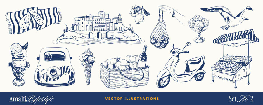 Amalfi coast summer doodle sketch icons with wine, lemons, ice cream and Italian food elements. Hand-drawn sea French vacation vintage rest vector art for menu, beach party and invitation card design