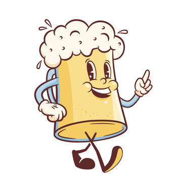 Groovy Beer Mug Retro Character Illustration. Cartoon Drink Glass Walking Smiling Beer Day Octoberfest Vector Food Brewery Mascot Template. Happy Vintage Cool Beverages Rubber Hose Style Drawing