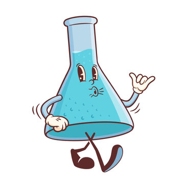 Groovy Back to School Retro Character Illustration. Cartoon Chemistry Flask with a Cute Smile on its face. Vector Education Mascot Template. Happy Vintage Cool Learning Personage Doodle Isolated