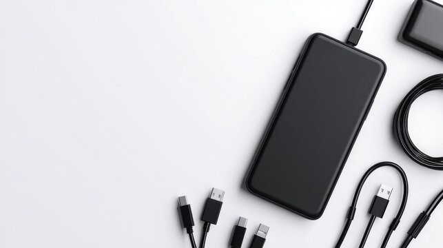 A collection of black electronic charging cables and a power bank arranged on a white background