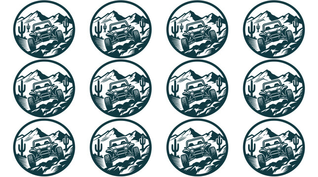 Pattern of circular off-road buggy emblems featuring an all-terrain vehicle in a desert landscape with mountains and saguaro cacti, monochrome vintage vector illustration icons.