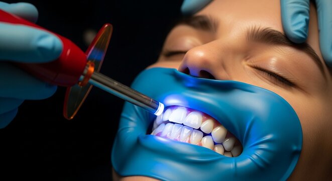 Dentist using UV curing light to harden dental composite filling on patient's teeth with dental dam