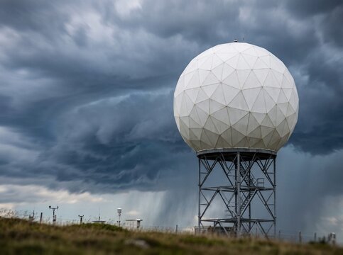 Geodesic weather radar dome on a metal tower under a dramatic storm front with falling rain